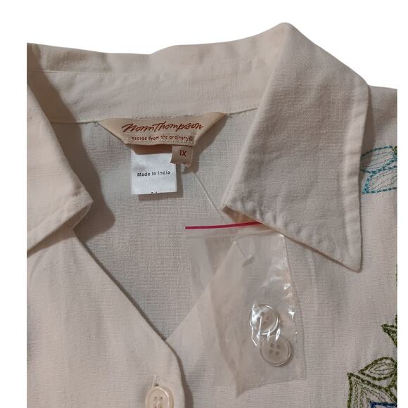 NEW Floral Embroidered Blouse Top Shirt Cotton Linen Plus 1X Off-White Blue Boho - Picture 7 of 11